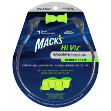 Mack's Hi Viz Banded Foam Shooting Earplugs, 3 Pair with Band - 28dB High NRR