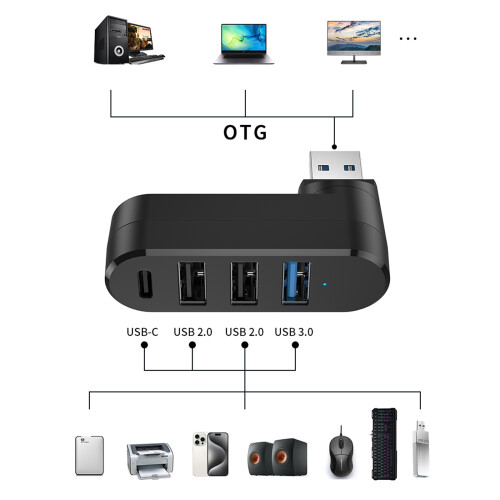 180 Rotatable 4 Port USB 3.0 2.0 Hub USB C High Speed-Black 1