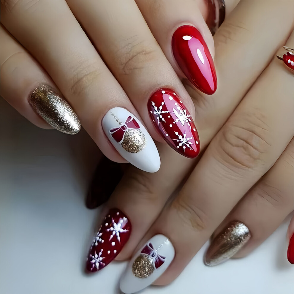 Roc-Electron Festive Glossy Almond False Nails - Comfy & Easy Diy