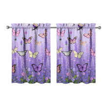 Purple Lavender Flower Butterflies Kitchen Curtains 28x36