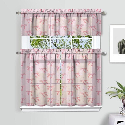 Pink Bow Kitchen Curtain Valance Set 36 inch 1