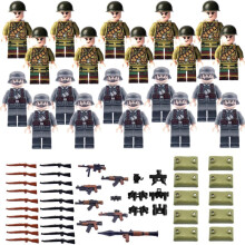 (Q1 British and American 20-person suit) WWII Military Figures Toy Building Blocks US Army German Volunteer Soldiers Plastic Miniature Bricks for Kids