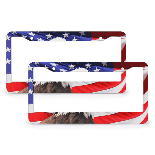 USA Flag Eagle License Plate Frames Metal 2 Pack