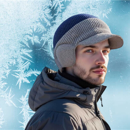Thermal Windproof Cap with Visor for Men, Knitted Fleece