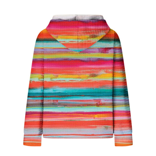 Women's Waffle Knit Hoodie Rainbow Drawstring Long Sleeve 2