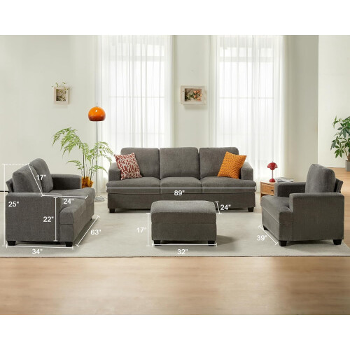 VANACC Sofa Set 2-Piece Deep Seat Modern Grey Chenille 1