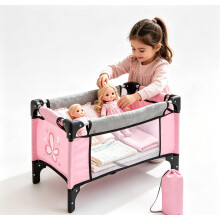 Foldable Baby Doll Bed with Storage Bag Doll Furniture Accessory Pink