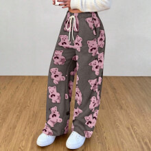 Women's Bear Print Fleece Pants Elastic Waist with Pockets