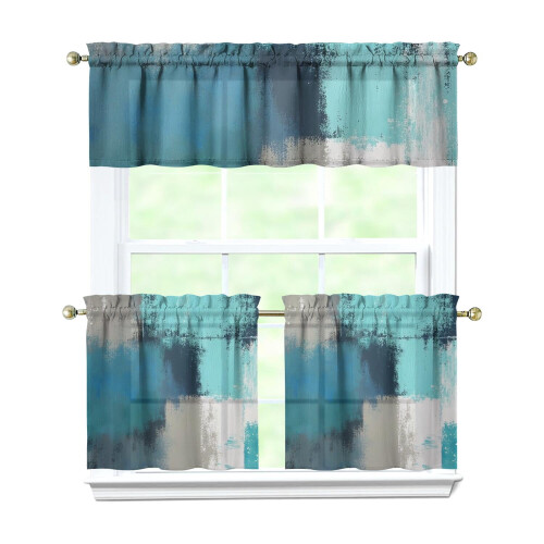 Kitchen Curtains and Valance Set Blue Green Matte 3-Pc