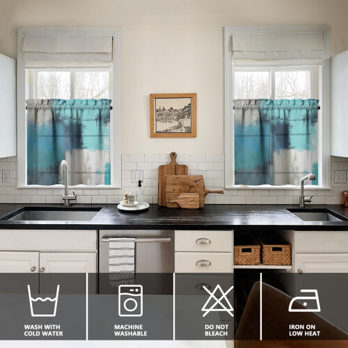 Kitchen Curtains and Valance Set Blue Green Matte 3-Pc 2