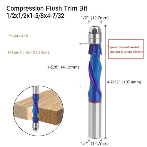 CNC Router Bit YK20 Blue Coated Compression Flush Trim 1/2 1