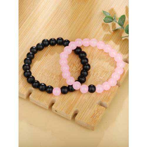 Couple Beaded Bracelet Black Pink 2 pcs