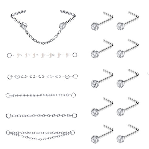 Nose Chain Piercing Set Crystal L-Shaped Nose Rings 15