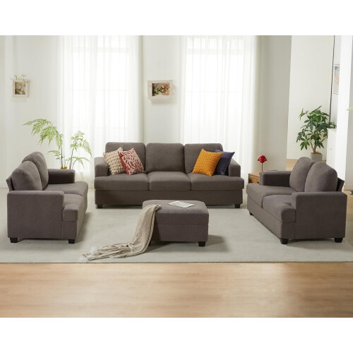 VANACC Modern Sofa Set with Ottoman Grey Bouclé 3-Piece