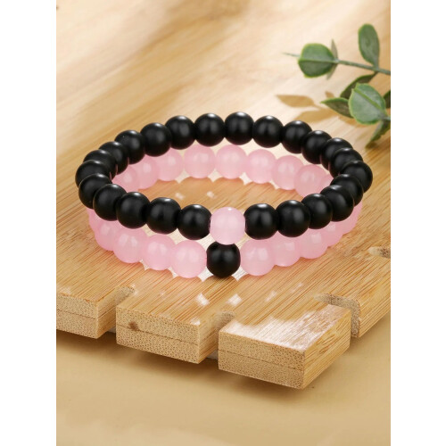 Couple Beaded Bracelet Black Pink 2 pcs 1