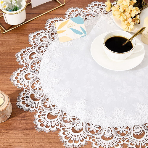 White Round Tablecloth 24 Inch Lace Trim Jacquard 2