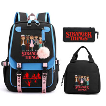 (Pink 5, Three piece set) Stranger Things Kids Backpack Set 3-Pack Boys Girls Casual Student School Bag Lightweight Durable Multipurpose