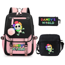 (Pink 2, Three piece set) Dandy's World Game Backpack Set for Kids Students Lightweight Waterproof School Bag 3-Piece
