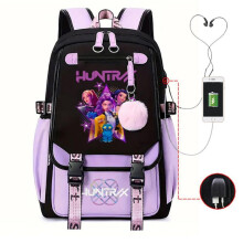 (Black powder 1, Backpack) KPOP Anime Cartoon Print Contrast Color USB Charging Fashion Backpack Large Capacity South Korean Style Student Schoolbag
