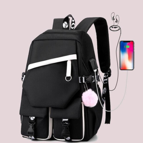 (Black white, Three piece set) Katseye Backpack with USB Charging Lunch Bag Pencil Case 3-Piece Set for Students 2