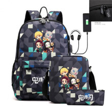 (Lightning blue, Three piece set) Demon Slayer Backpack Large Capacity USB Charging Port Youth School Bag New Anime Merch