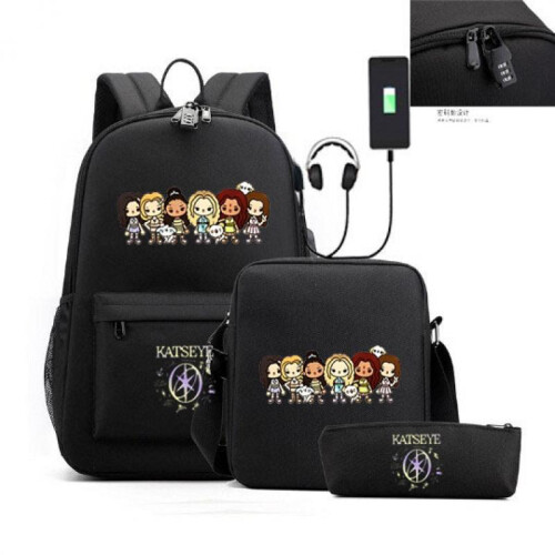 (Black, Three piece set) Katseye Backpack Set with USB Charging Port for Students Shoulder Bag Pencil Case 3-Piece