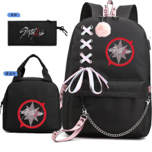(上彩带, 三件套) Stray Kids Inspired Backpack Set Lunch Bag Pencil Case Trio Student Casual School Bag