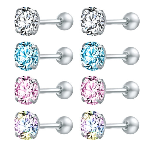 Crystal Stud Earrings Stainless Steel 4 Pairs