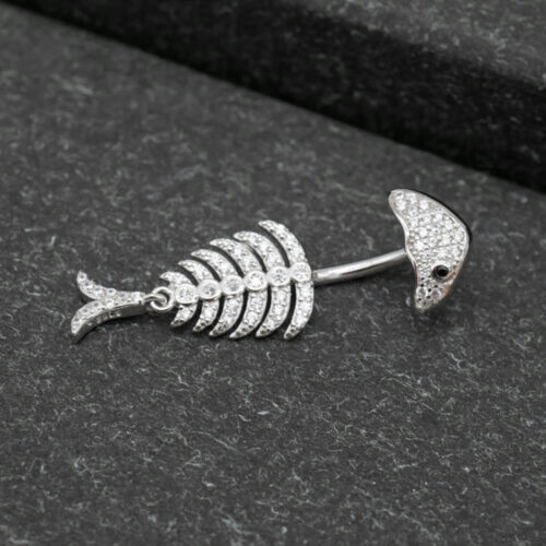 925 Sterling Silver Fish Bone Belly Bar 8mm