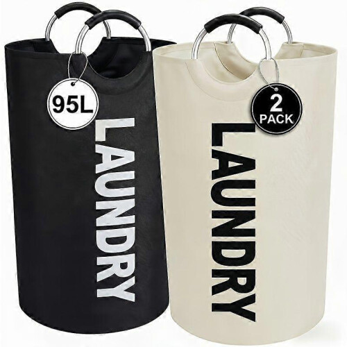 (Black and White) Foldable Laundry Basket 2-Pack, 95L Large Capacity with Half Ring Handles and Elevated Design for Laundry Storage and Organization