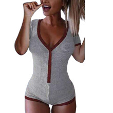 Damen Body Grau Rot Kurzarm Ausschnitt Geknöpft XL — damen body slim fit, body grau rot, body kurzarm