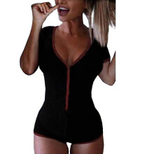 Damen Body Kurzarm V-Ausschnitt Schwarz Rot Elastisch L — gerippte damenbodys, schwarz rote bodys