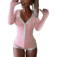 Damen Body Langarm V-Ausschnitt Rosa Grau Elastisch M — gerippter body, elastische damenbodys, rosa grauer body