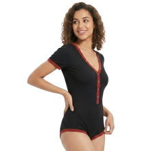 Damen-Body Kurzarm Rundhalsausschnitt im Wickel-Look Schwarz-Rot Elastisch XL — gerippte damenbodys