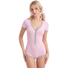 Damen-Body Kurzarm V-Ausschnitt Gerippt Elastisch Rosa-Grau XL — dame rosa body, gerippte body, v ausschnitt body