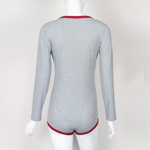 Damen Body Langarm V-Ausschnitt Grau Rot Elastisch M — gerippte damenbodys, bodys mit v-ausschnitt 2