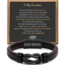 Men's Brown Woven Leather Bracelet with Stainless Steel,