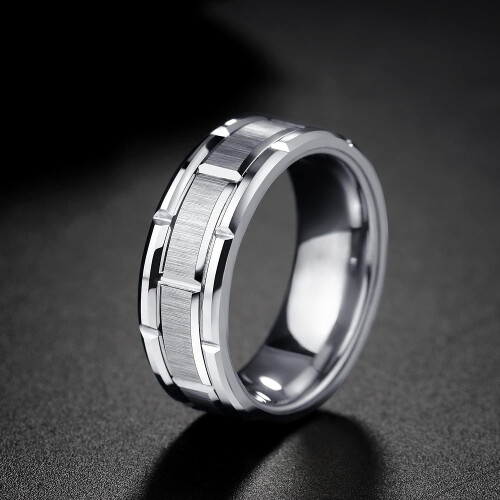 Men's Silver Wedding Band Brick Pattern Brushed Comfort Fit 2