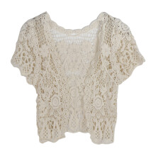 Women Short Sleeve Crochet Shrugs Hollow Out Flower Lace-Beige
