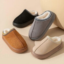 (42-43, black) New solid-color faux suede spliced home slippers, thick-soled, non-slip, lightweight, warm cotton slippers