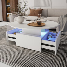 (Weiß) Couchtisch rund, Wohnzimmertisch mit 16-Farbiger LED Beleuchtung, für Wohnzimmer 80 x 80 x 40cm