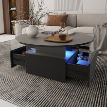 (Schwarz) Couchtisch rund, Wohnzimmertisch mit 16-Farbiger LED Beleuchtung, für Wohnzimmer 80 x 80 x 40cm