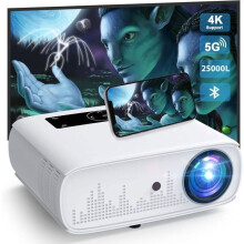 Proyector, Proyector de video WiFi 5G Bluetooth, 25000 Lux nativo 1080P Full HD Retroproyector 4K Soporta, Pantalla de 350"