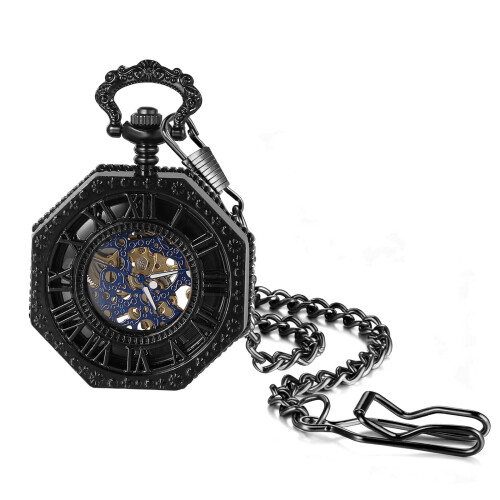 Men's Octagonal Skeleton Pocket Watch Roman Dial 1