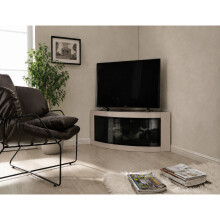 Centurion Supports PANGEA Gloss Black and Greige Beam-Thru Glass Doors Curved Unit Tru-Corner 32"-50" TV Cabinet
