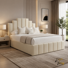 (3ft Single(with Gaslift), Mink(No Mattress)) Luxury Crown Panel Double Bed Frame Plush Velvet with Mattress Ottoman Gas Lift Storage