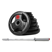 Strongway Olympic 50KG 70KG 100KG Tri Grip Weight Plates Sets with 6FT 7FT Barbell - 2 Inch (2") / 50mm Hole - Rubber Coated Cast Iron Weight