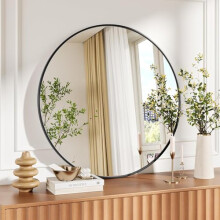 AffinityFurn Round Wall Mirror with Aluminum Alloy Frame, 80 x 80cm Decorative Hanging Vanity Mirror with Tempered Glass, Modern Home Circle Mirror