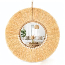 EVERGOODS Boho Raffia Round Wall Mirror 33.5 cm, Handmade Natural Straw Decorative Mirror with Wooden Beads, Rustic Bohemian Wall Decor for Bedroom,