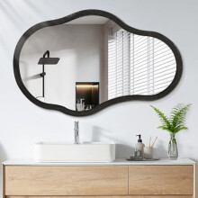 Lzuso Large Asymmetrical Wall Mirror Irregular Wood Frame Modern Unique Wall-Mounted Artistic Wavy Mirror Decor Bathroom Vanity Bedroom Living Room